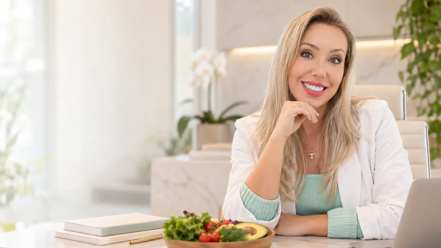 Dra. Priscila Scariot em seu consultório, com alimentos frescos à mesa