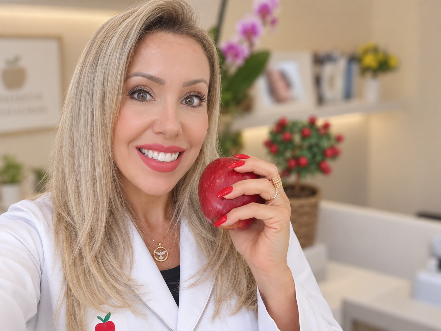 Dra. Priscila Scariot segurando uma maçã vermelha.
